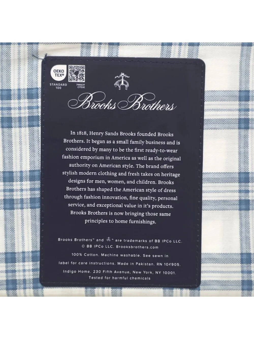 Brooks Brothers Plaid 100% Cotton Queen Sheet Set With PVC-Free Packaging